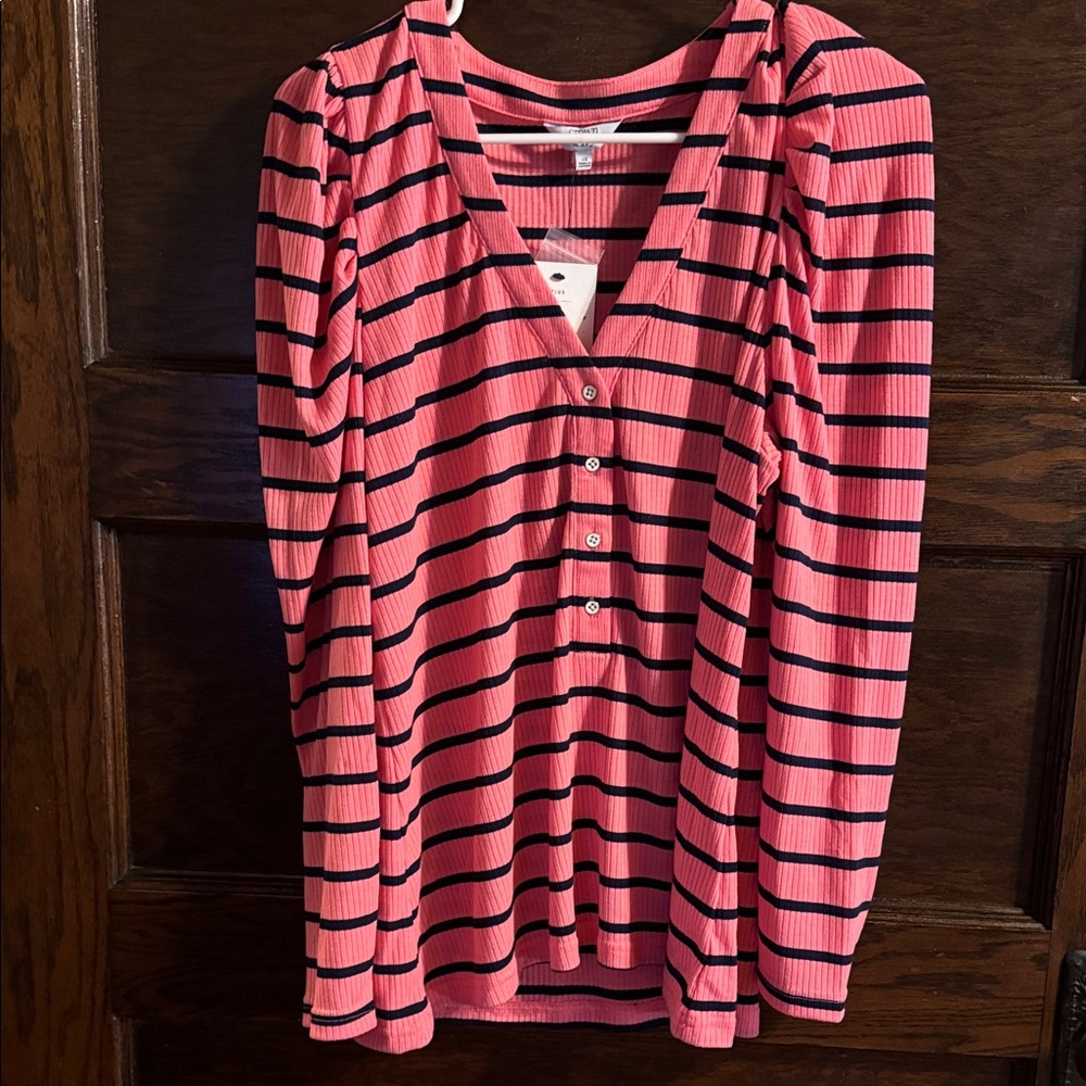 NWT Crown & Ivy Pink and Navy Blue Striped Button Down Shirt, Size 1X